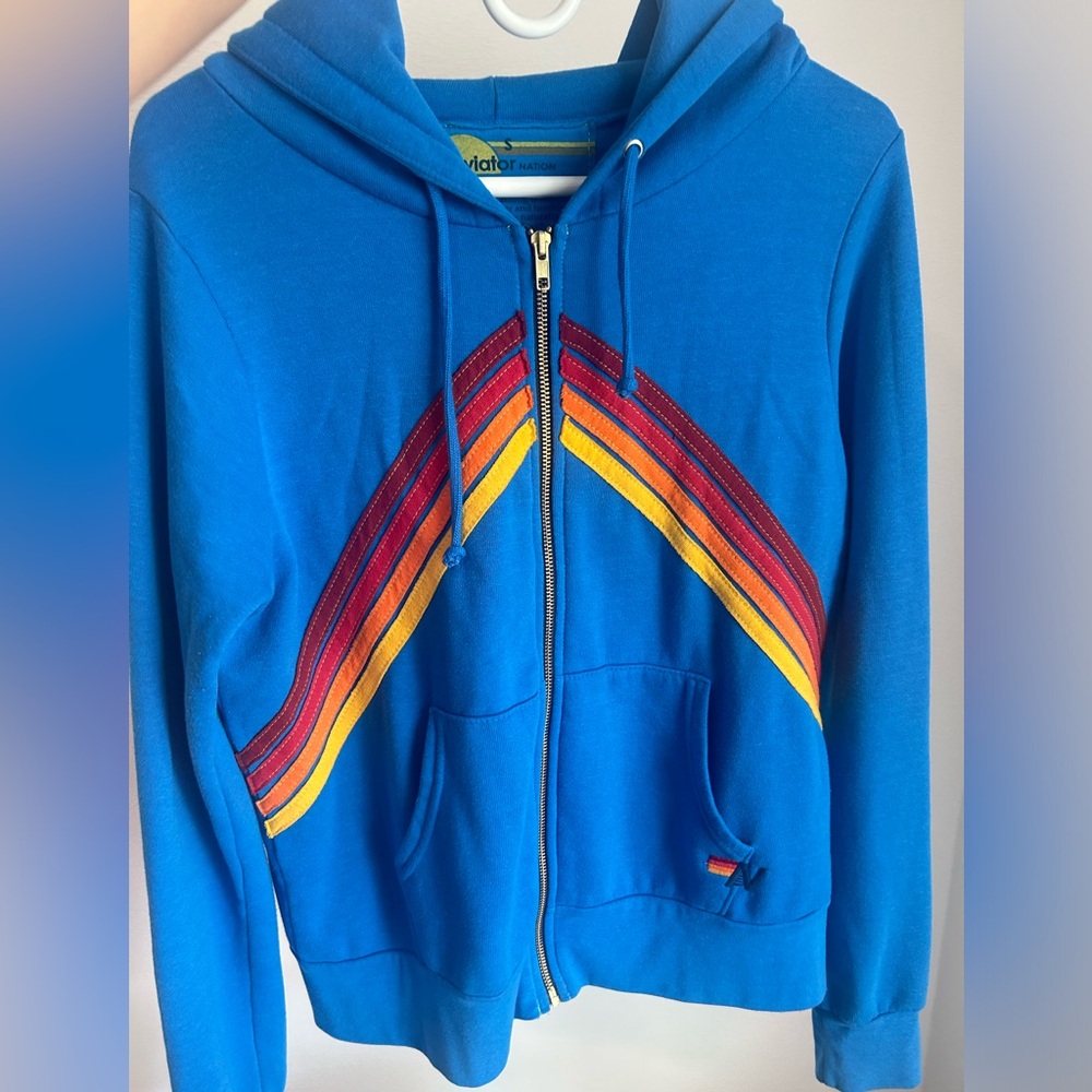 Aviator Nation Mountain Stitch Hoodie Ocean Small EUC